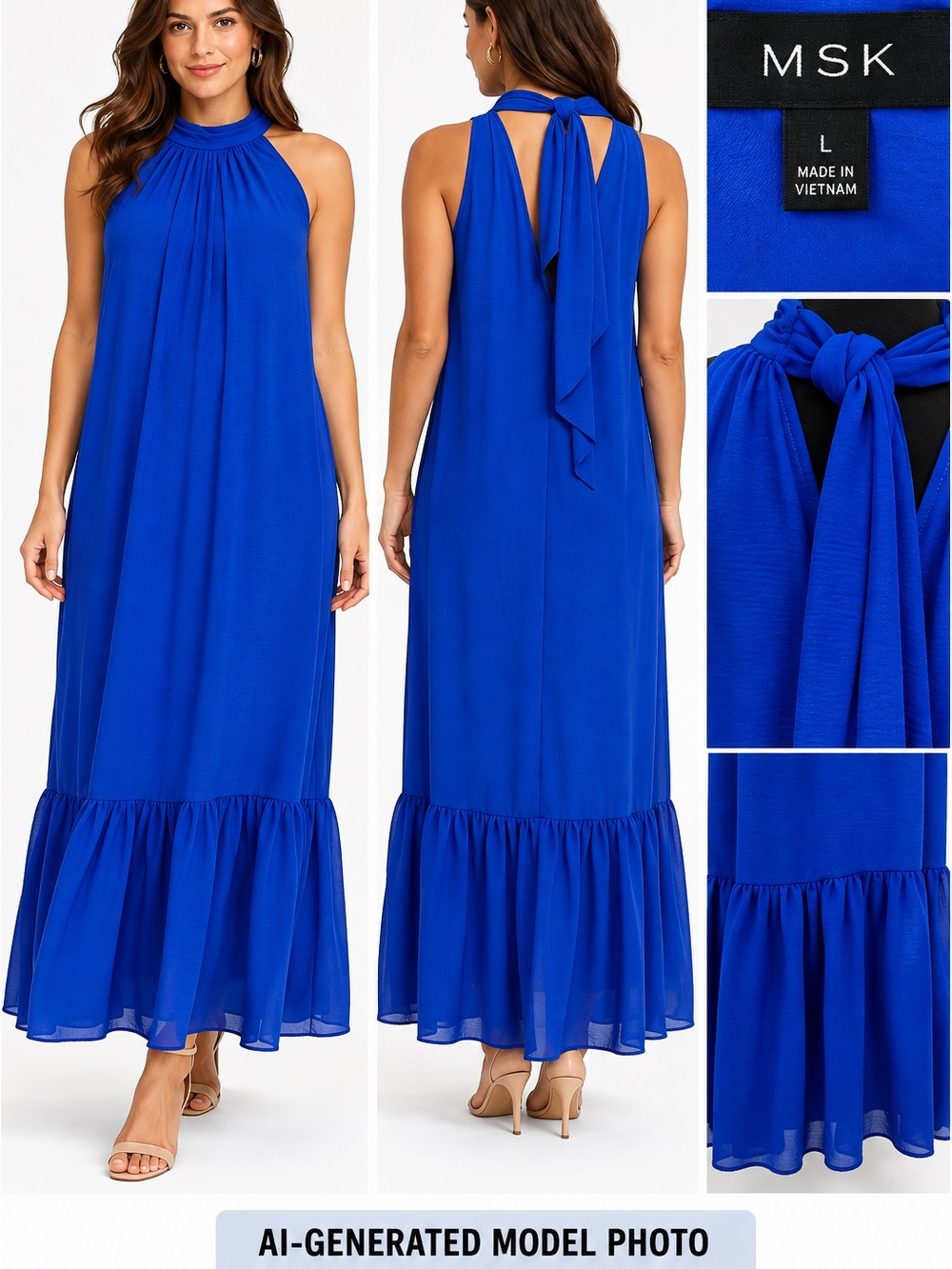 MSK Cobalt Blue Halter Maxi Dress with Tiered Hem